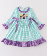 Green stripe princess embroidery girl dress