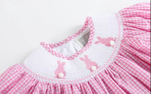 Load image into Gallery viewer, Pink Gingham Pom Pom Easter Bunny
Smocked Bishop Dress
