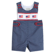 Navy Blue Star Print Americana Flag Smocked Baby Jon Jons - Image #1