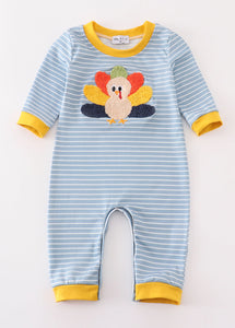 Blue stripe turkey french knot boy romper