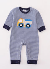 Load image into Gallery viewer, Premium navy stripe truck applique boy romper
