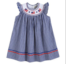 Load image into Gallery viewer, Royal Blue Gingham American Flag Smocked Bishop Dress - Image #1
