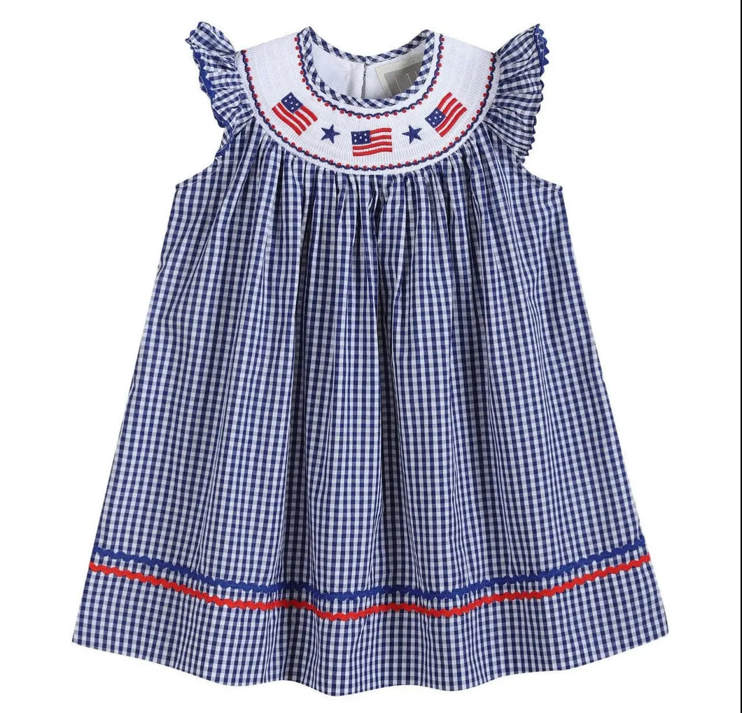 Royal Blue Gingham American Flag Smocked Bishop Dress - Image #1