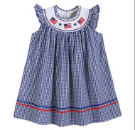 Royal Blue Gingham American Flag Smocked Bishop Dress - Image #1