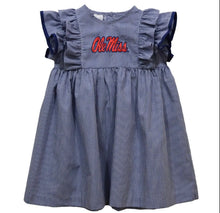 Load image into Gallery viewer, Ready to ship-Ole Miss Rebel Embroidered Navy Gingham Ruffle Dress - Image #1
