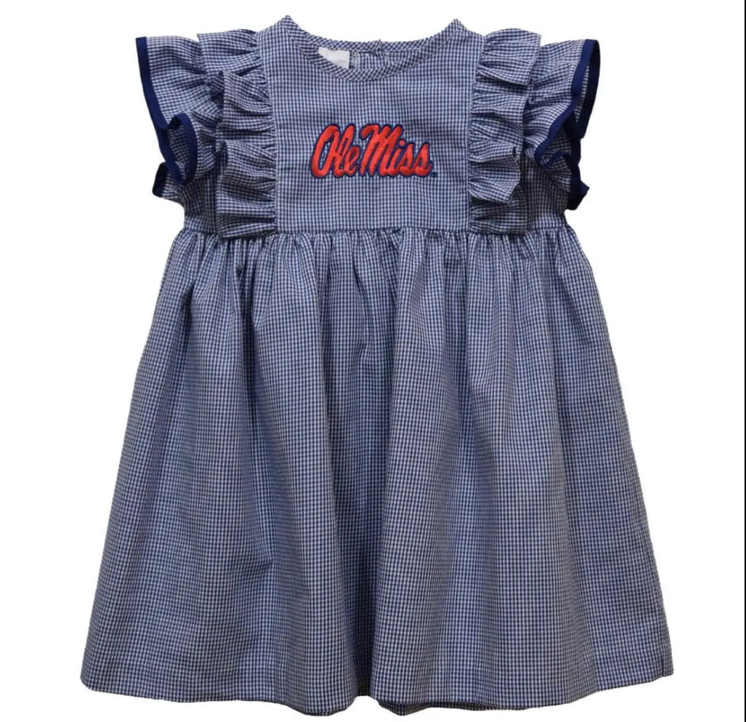 Ready to ship-Ole Miss Rebel Embroidered Navy Gingham Ruffle Dress - Image #1