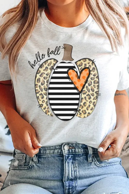 Hello Fall Striped Leopard Pumpkin Graphic Tee - Image #1