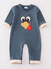 Load image into Gallery viewer, Navy thanksgiving turkey applique boy romper
