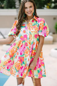 Women Floral Puff Sleeve Buttoned Babydoll Dress - Image #7