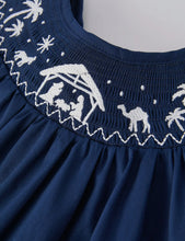 Load image into Gallery viewer, Christmas Navy Blue Nativity Smocking Embroidered Dress-Ships 10/15
