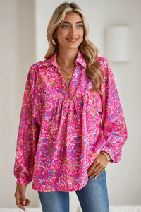 Bonbon Abstract Print Loose Fit Collared V Neck Babydoll Blouse - Image #4