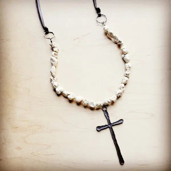 White Turquoise Necklace w/ Large Copper Cross - Image #1