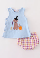 Load image into Gallery viewer, Blue halloween witch dog embroidery baby boy set
