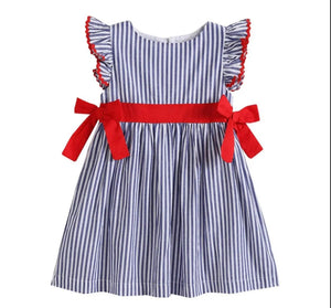 Navy Blue Stripe and Red A-line Independence Day Dress - Image #1