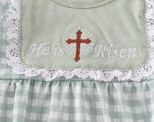 Load image into Gallery viewer, Sage easter he is risen cross embroidery girl dress
