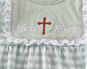 Sage easter he is risen cross embroidery girl dress