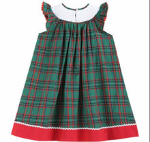 Load image into Gallery viewer, Navy and Green Plaid Santa Smocked Bishop Dress
