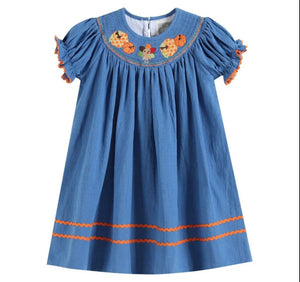 Royal Blue Pumpkin Smocked Bishop Dress - Image #1