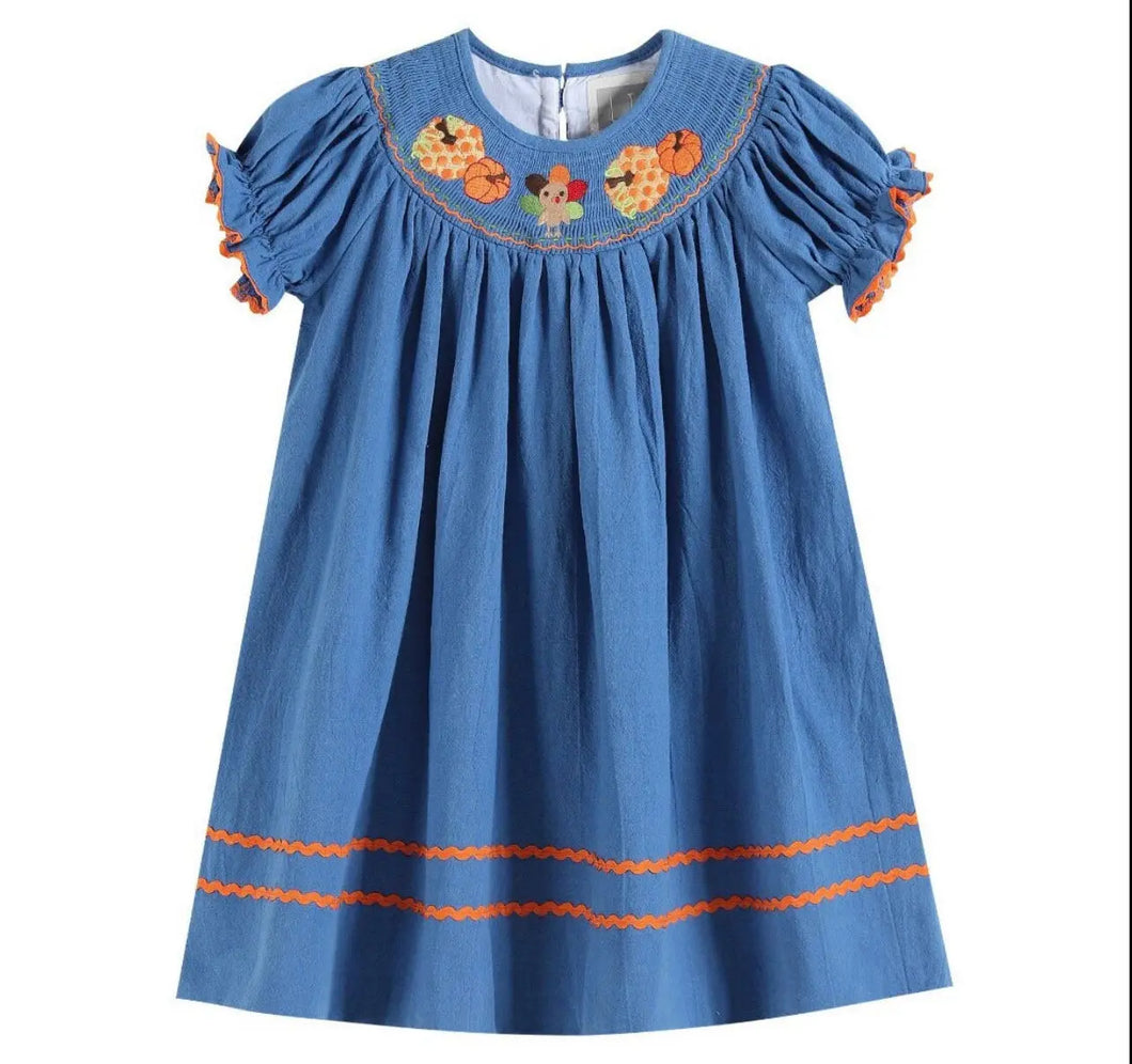 Royal Blue Pumpkin Smocked Bishop Dress - Image #1