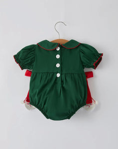 Baby Girls Holiday Outfit - Santa Bow Green Christmas Romper-Ships 11/10