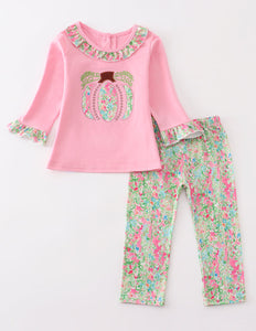 Pink pumpkin applique girl set