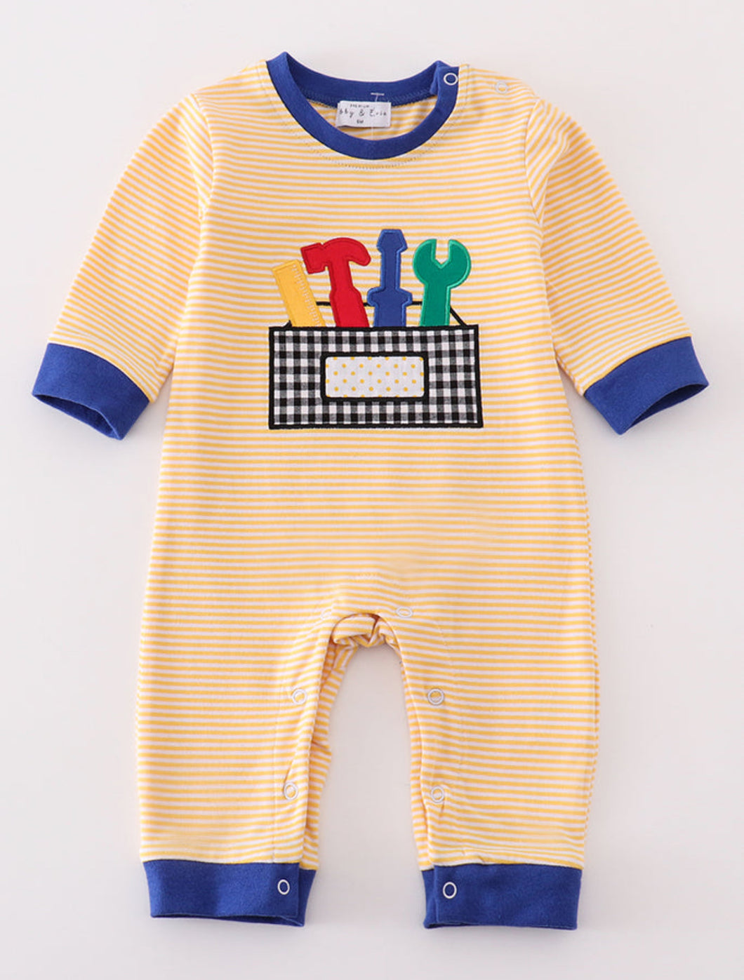 Premium yellow stripe tools applique boy romper