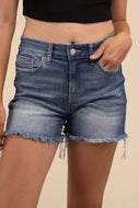 Mid Rise Raw Frayed Hem Denim Shorts - Image #1