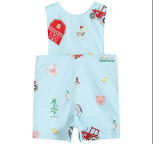 Load image into Gallery viewer, Light Blue Barnyard Print Applique Farm Animal Shortalls - Image #2
