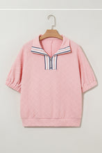 Load image into Gallery viewer, Light Pink Contrast Striped Collar Patchwork Textured Half Sleeve Blouse
