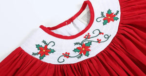 Red Christmas Mistletoe Smocked Long Sleeve Bishop Dress - Image #2