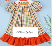 Load image into Gallery viewer, Pumpkin Smocked Plaid Thanksgiving Bishop Dress - Image #1
