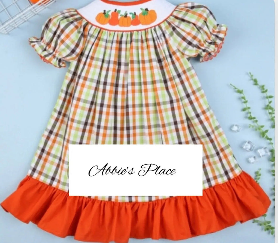 Pumpkin Smocked Plaid Thanksgiving Bishop Dress - Image #1