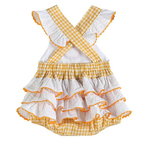 Orange Gingham Peach Applique Ruffle Romper - Image #2