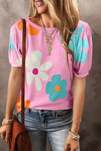 Load image into Gallery viewer, Woemn Pink Flower Print Bubble Sleeve Tee - Image #2
