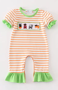 Green halloween cat embroidery girl romper - Image #1