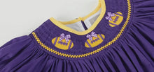 Load image into Gallery viewer, Preorder ETA 7/30-Purple and Gold Football Smocked Bishop Dress - Image #2
