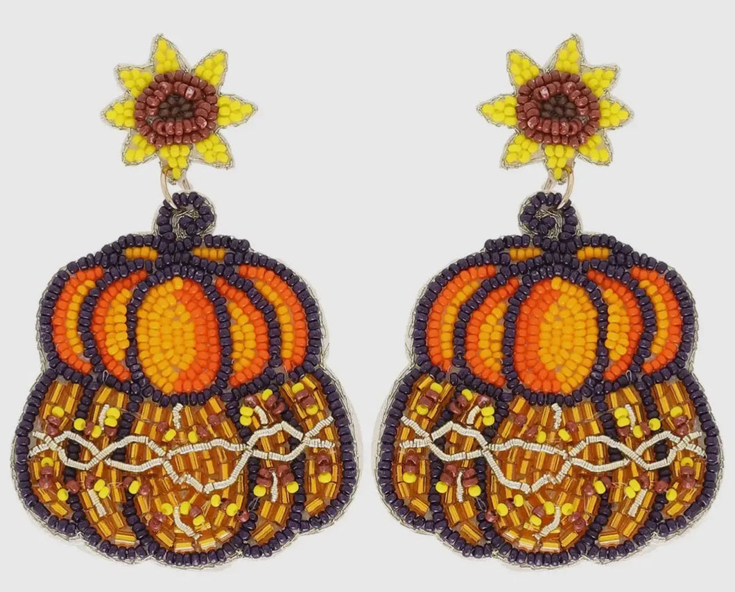 Thanksgiving Sunflower Pumpkin Earrings - Image #1