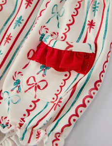 Christmas Baby Girls Romper Stripe Print One-Piece with Ruffle Trim