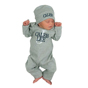 Customizable Newborn Baby Outfit Set Personalized Oatmeal Sleeper with Footies, Matching Hat, Embroidered Romper Ideal for Baby Shower Coming Home Christmas Gifts Unisex Design for Infant Boys (A)