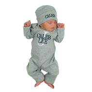 Customizable Newborn Baby Outfit Set Personalized Oatmeal Sleeper with Footies, Matching Hat, Embroidered Romper Ideal for Baby Shower Coming Home Christmas Gifts Unisex Design for Infant Boys (A)