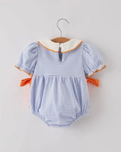 Load image into Gallery viewer, Fall Thanksgiving and Halloween Lapel Stripe Pumpkin Applique Bow Girls Romper-Ships 10/10
