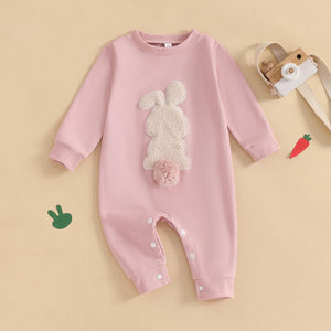 Easter Baby Boy Girl Outfit Embroidery Bunny Rompers Bunny Tail Jumpsuit Unisex Newborn Infant Easter Clothes (Pink, 0-3 Months)