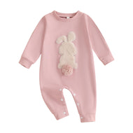 Easter Baby Boy Girl Outfit Embroidery Bunny Rompers Bunny Tail Jumpsuit Unisex Newborn Infant Easter Clothes (Pink, 0-3 Months)