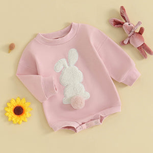 FOCUSNORM Easter Newborn Baby Girl Clothes Fuzzy Bunny Embroidery Romper Sweatshirt Bubble Jumpsuit Toddler Baby Girl Outfit (Easter Pink, 0-6 Months)