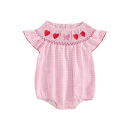 Kupretty Baby Girl Summer Clothes Flutter Sleeves Vintage Embroided Smocked Bubble Romper Newborn Valentine Birthday Outfit (Red Hearts Pink Bows, 3-6 Months)