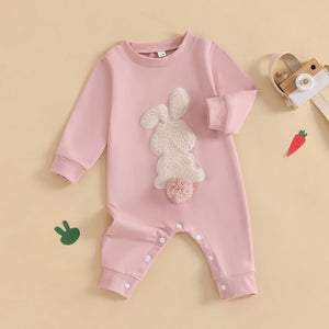 Easter Baby Boy Girl Outfit Embroidery Bunny Rompers Bunny Tail Jumpsuit Unisex Newborn Infant Easter Clothes (Pink, 0-3 Months)