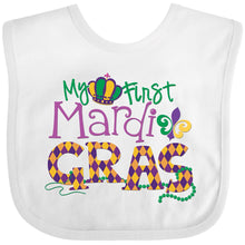 Load image into Gallery viewer, inktastic My First Mardi Gras Baby Bib White 20ba1
