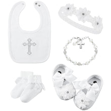 Load image into Gallery viewer, Bunnycool 5 Pcs Baptism Bib for Baby Girl white Christening Sock Shoes Headband Cross Charm Bracelet Baptism Outfits Gift(0-6 Month)
