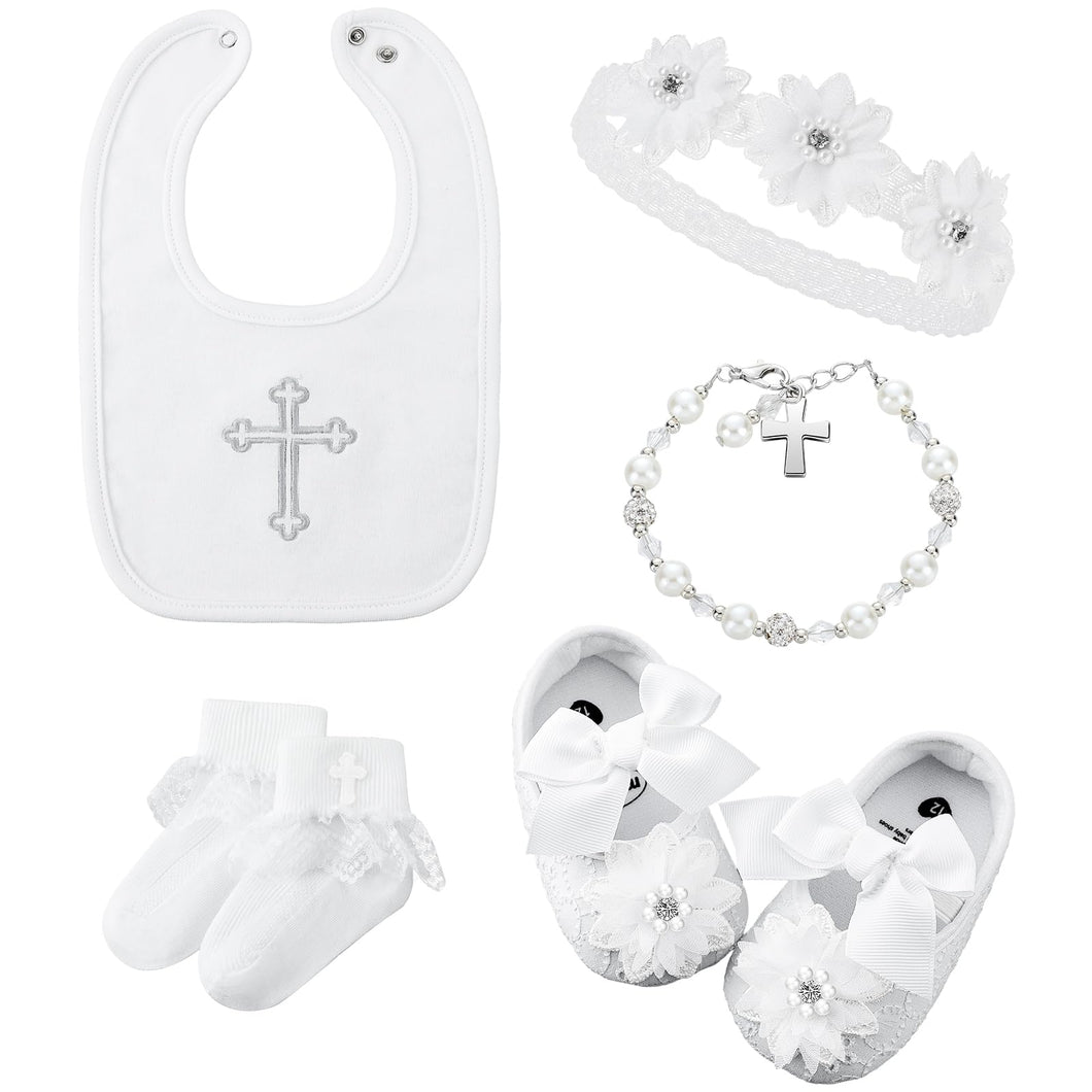 Bunnycool 5 Pcs Baptism Bib for Baby Girl white Christening Sock Shoes Headband Cross Charm Bracelet Baptism Outfits Gift(0-6 Month)