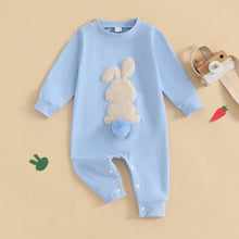 Load image into Gallery viewer, Easter Baby Boy Girl Outfit Embroidery Bunny Rompers Bunny Tail Jumpsuit Unisex Newborn Infant Easter Clothes (Blue, 0-3 Months)
